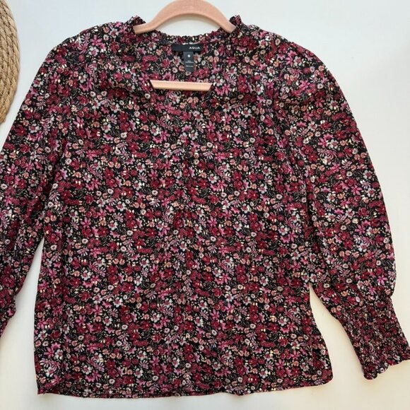 Aqua Floral Smocked Sleeve Top V- Neck Long Sleeve Pullover Small - Picture 10 of 10